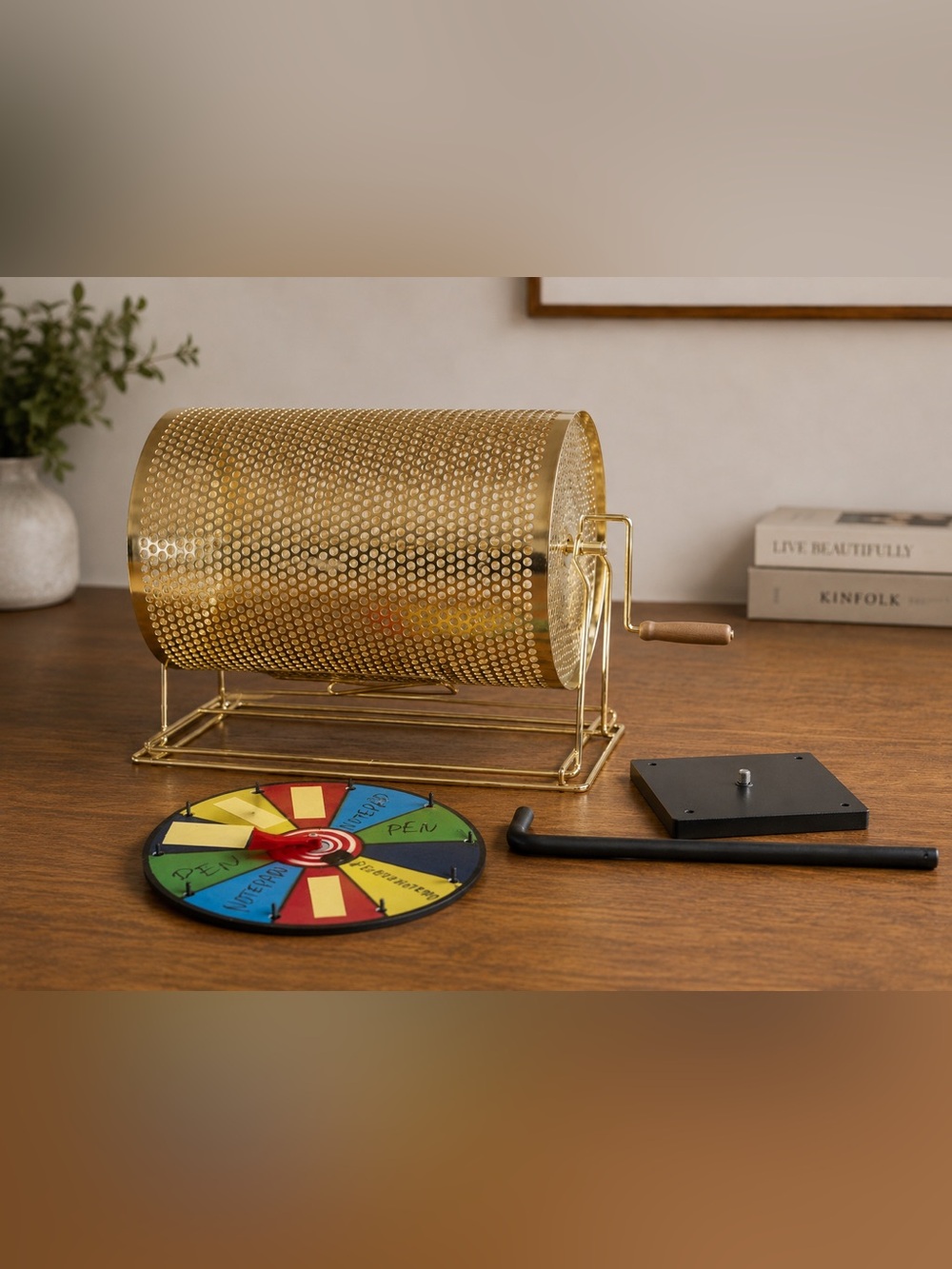 Brass Gold Metal Raffle Ticket Drum with Wooden Handle Raffle Setup Giveaway